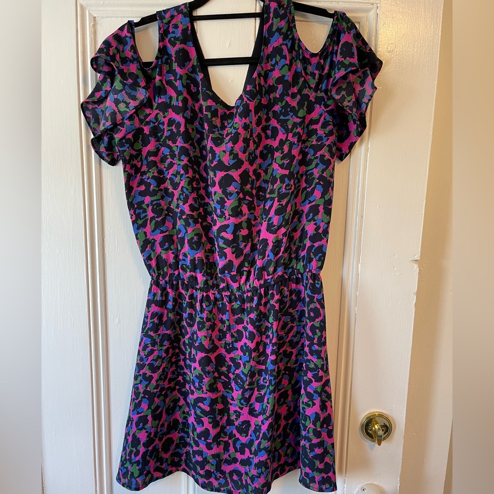 C&E Dress Womens M Cold Shoulder Pink Green Blue Short Sleeve Boho Festival